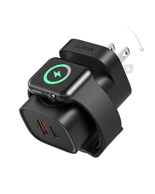 VRURC für Apple Watch-Ladegerät, PD 20 W 3-in-1-Schnellladeblock mit magnetischem kabellosem Laden und zwei Anschlüssen, faltbarer Stecker USB C-Wandladegerät für iPhone 15 14 13, Android, Tablets usw. - Schwarz 