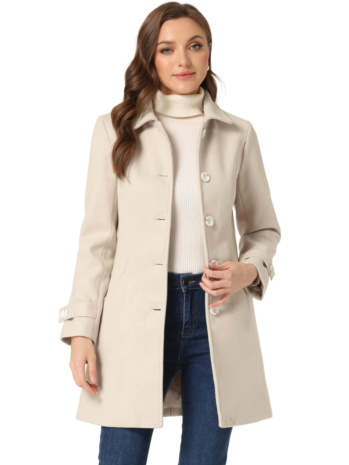 Allegra K Damen Winter Oberbekleidung Mantel Peter Pan Kragen Mitte Oberschenkel A-Linie Einreihig Pea Coat