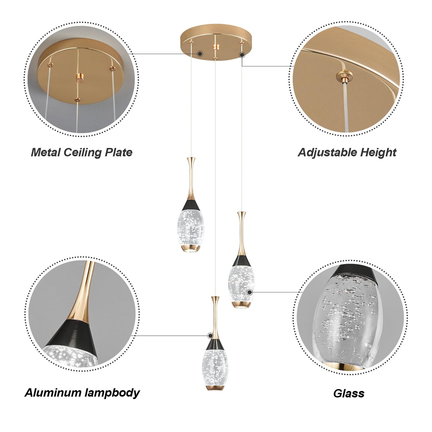 Modern Black Gold Pendant Light Dimmable LED Ceiling Light Fixtures Mini Teardrop Crystal Pendant Lighting for Kitchen Island Bedroom Hallway Entryway (3-Pack)