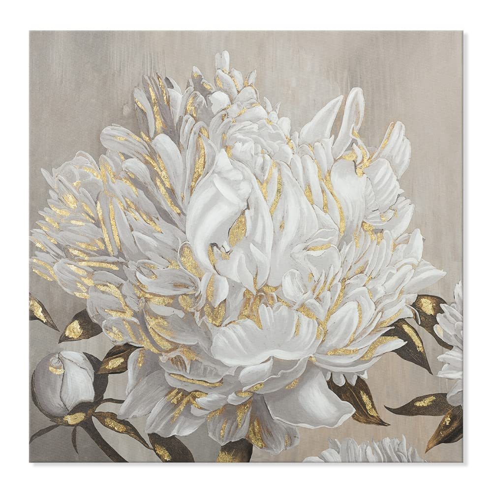 Goldfoilart Décoration murale florale moderne en fleurs blanches avec peintures en feuille d'or, œuvres d'art encadrées pour salon, chambre à coucher, cuisine, 61 x 61 cm x 2 pièces 