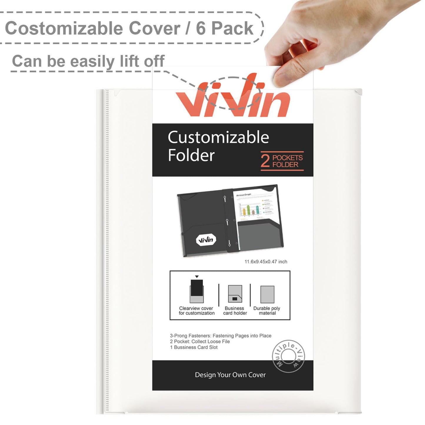 ViVin Heavyweight Plastic Folders with Pockets and Prongs, Two Pockets, Clear Front Pocket & Stay-Put Tabs, 6 Pack, Hold US Letter Size Paper, for School and Office - White