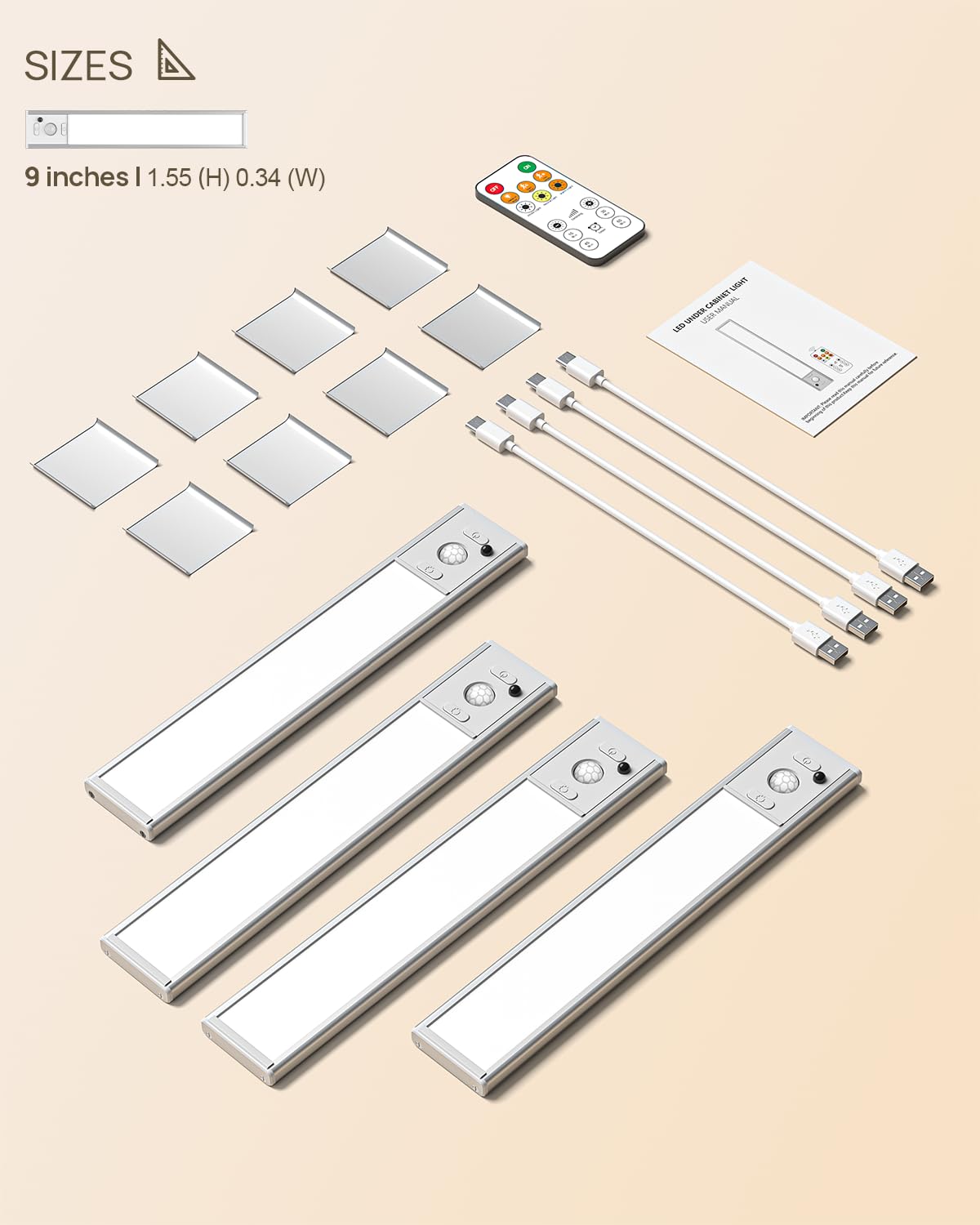 Under Cabinet Lighting with Remote Control,USB Rechargeable 180 Lumen LED Motion Sensor Light Indoor,Wireless Under Counter Light,3 Color Dimmable Closet Light for Bedroom,Wardrobe,Stair