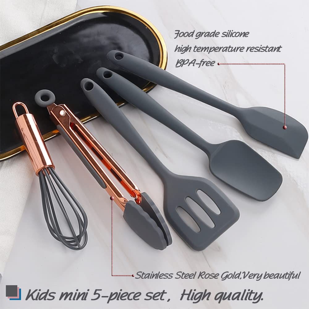 Mini ustensiles de cuisine en or rose et gris, ensemble de cinq petits outils de cuisine en silicone pour enfants, fouet, spatule, pince, cuillère et spatule à fentes pour la cuisine (fournitures de pâtisserie pour enfants) gris 