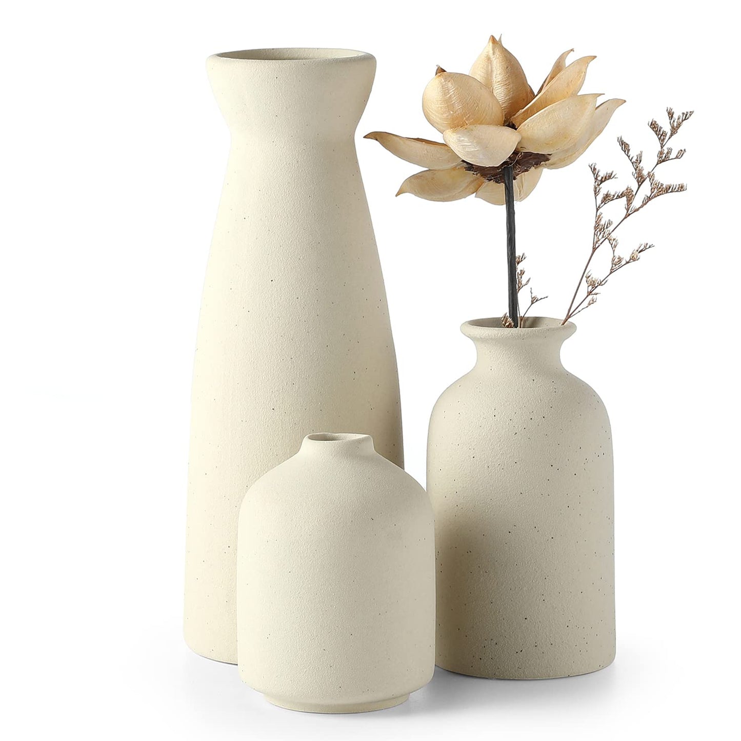 CEMABT Beige Ceramic vase Set-3 Small Flower vases for Decor,Modern Boho Farmhouse Home Decor,Decorative vase for Pampas Grass&Dried Flowers,idea Shelf,Table,Bookshelf ，Entryway- Distressed