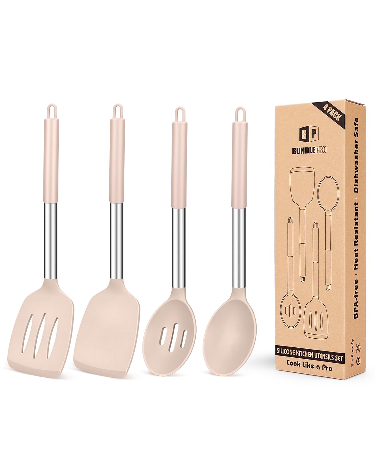 Pack of 4 Silicone Cooking Utensils Set, Non Stick Large Solid Spatulas, Heat Resistant Rose Gold Khaki Slotted Spoons, Ideal BPA Free Kitchen Turners for Frying, Mixing,Serving,Draining,Turning