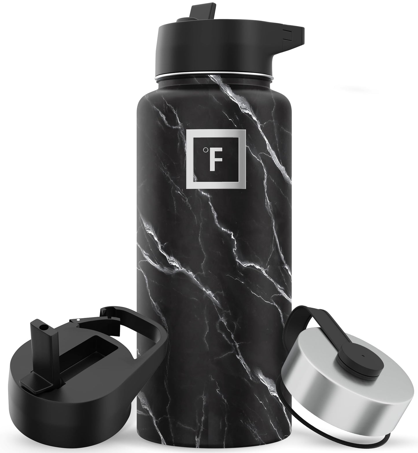 IRON °FLASK Camping & Hiking Hydration Flask with 3 Lids - Stainless Steel, Double Walled & Vacuum Insulated Water Bottle - Leak Proof & BPA Free (Dark Night, Straw - 32 oz)