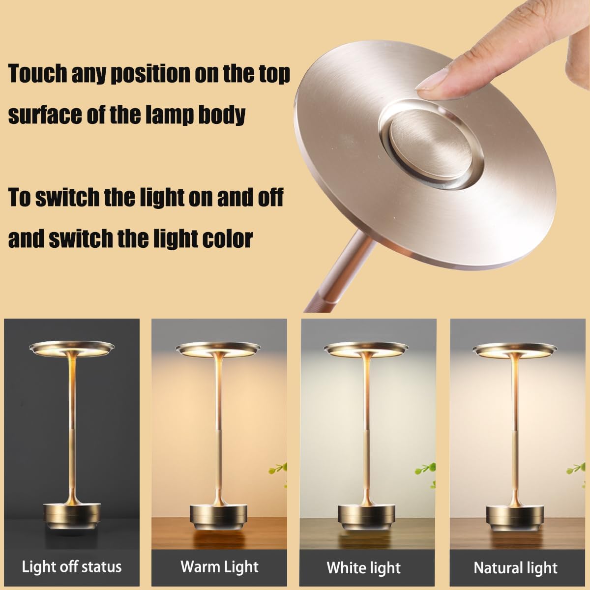 Cordless Table Lamp, Rechargeable Battery Operated Lamp, Modern 3 Modes Dimmable Touch Control Bedside Table Lamp, Portable Outdoor Table Lamp for Restaurant/Bedroom/Bars/Home Patio (Gold)