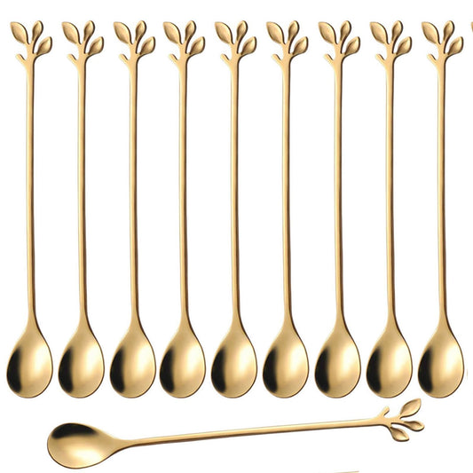 10-teiliges Teelöffel-Set mit langem Griff, goldene Kaffeerührlöffel aus Edelstahl, Rührlöffel-Set für Eiscreme-Cocktails (Gold) 