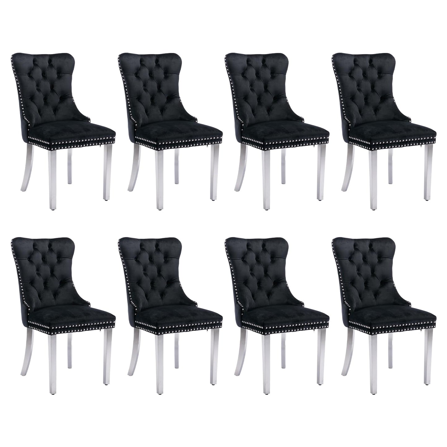 SoarFlash Leather Dining Chairs Set of 8, Tall Back Side Chair, Modern Upholstered Side Chair with Button Back Ring, Solid Wood Legs (Black&Grey)