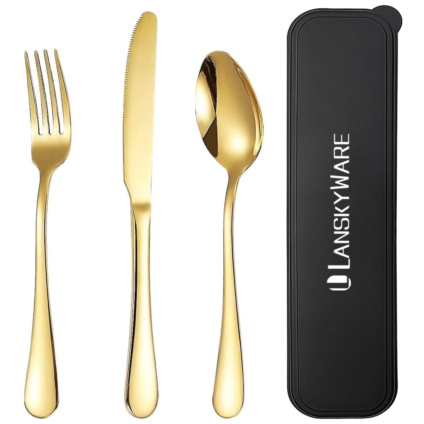 Portable Travel Utensils Set, 18/8 Stainless Steel 3 PCS Cutlery Set Including Knife Fork and Spoon, Reusable Travel Silverware Set with Case for Lunch Box Camping School Office