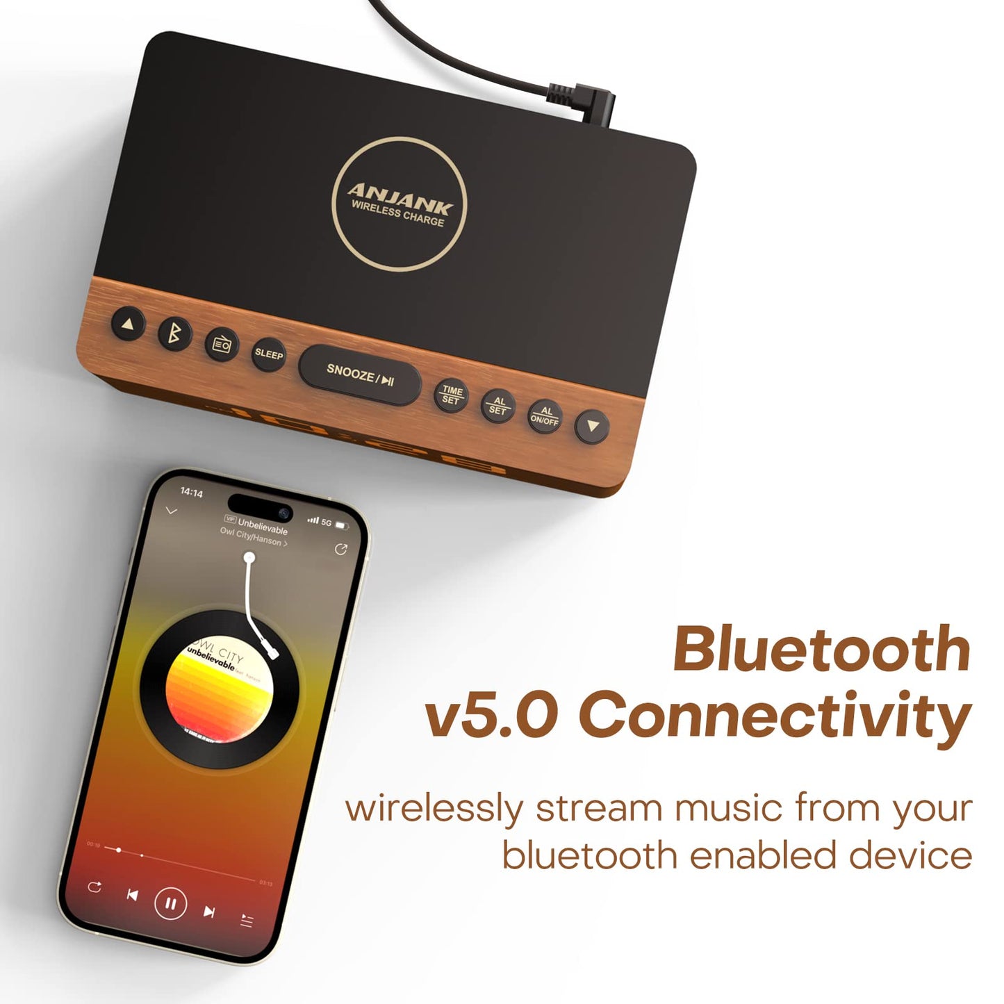 Digital Alarm Clock with FM Radio & Wireless Charging – Qi-Certified, LED Display, USB Port, Sleep Timer