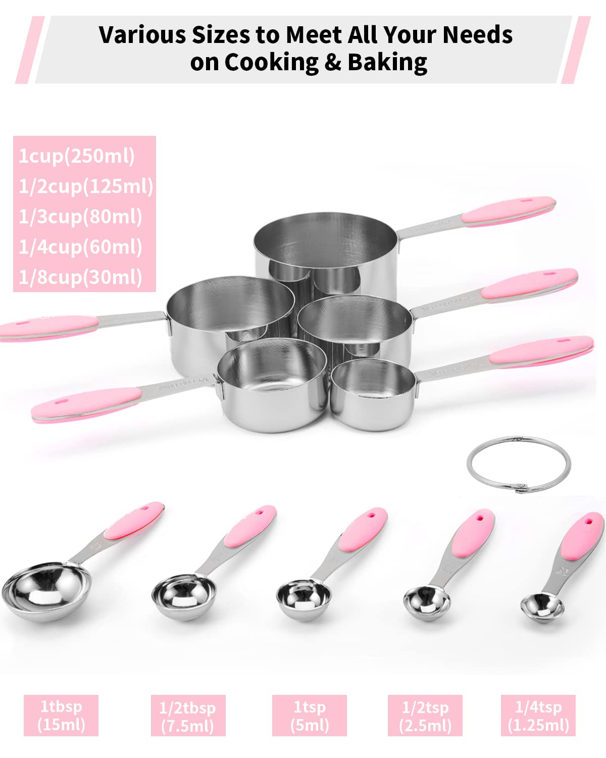 Joyhill Messbecher und -löffel aus Edelstahl, 10-teiliges Set, ineinander stapelbare Messbecher aus Metall mit Soft-Touch-Silikongriffen für trockene und flüssige Zutaten, Kochen und Backen (schwarz) 