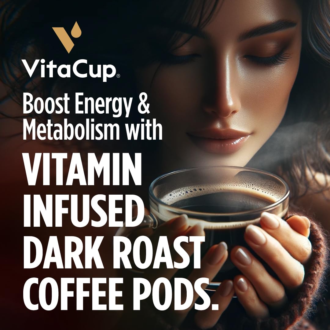 Capsules de café VitaCup Lightning, pour la mémoire et la concentration avec 2X de caféine, grains de café vert, vitamines B, D3, café torréfié foncé et fort, dosettes individuelles recyclables compatibles avec les cafetières Keurig K-Cup, 16 unités 