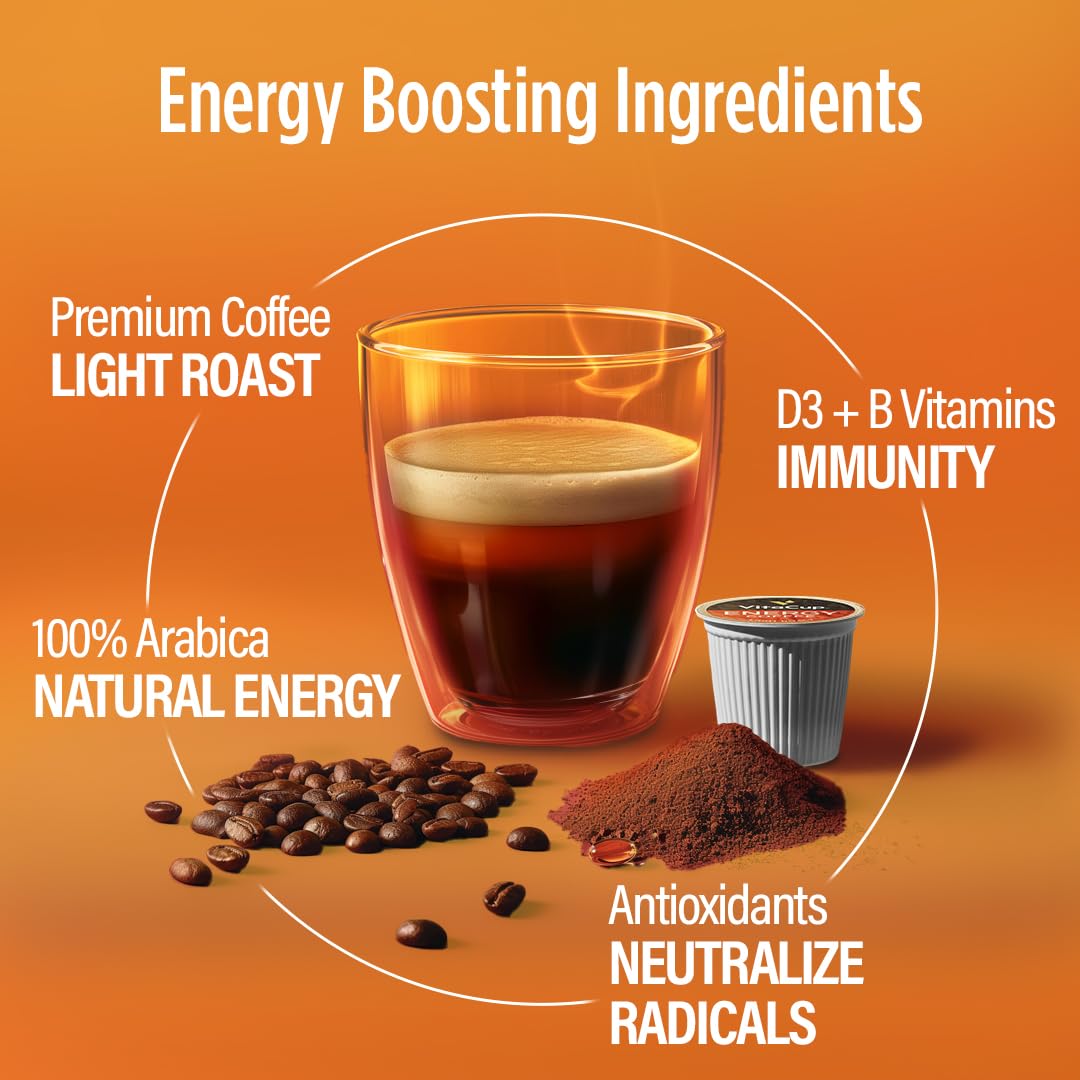 VitaCup Lightning Kaffeepads, für Gedächtnis und Konzentration mit 2x Koffein, grüne Kaffeebohnen, B-Vitamine, D3, starker dunkel gerösteter Kaffee, recycelbare Einzelportionspads, kompatibel mit Keurig K-Cup Kaffeemaschinen, 16 Stück 