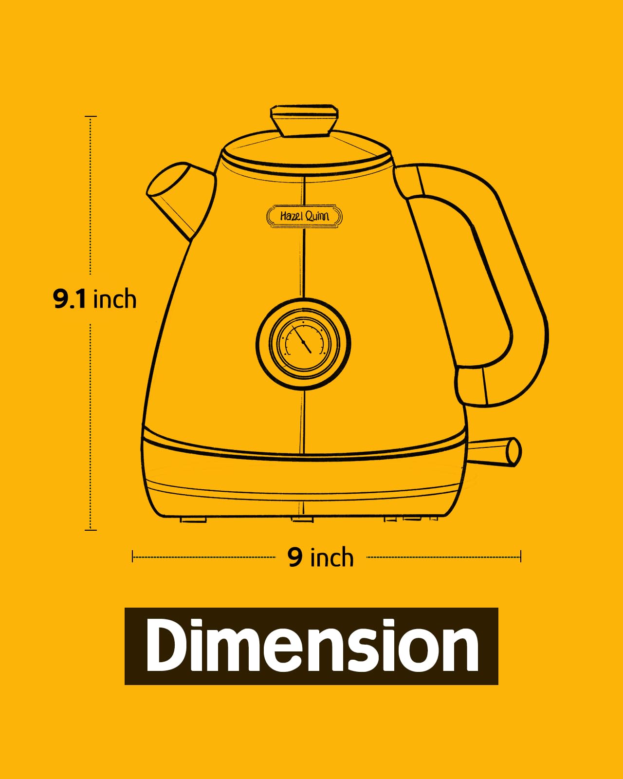 Hazel Quinn Retro Electric Kettle - 1.7 Liters / 57.5 Ounces Tea Kettle with Thermometer, All Stainless Steel, 1200 Watts Fast Boiling, BPA-free, Cordless, Automatic Shut Off.