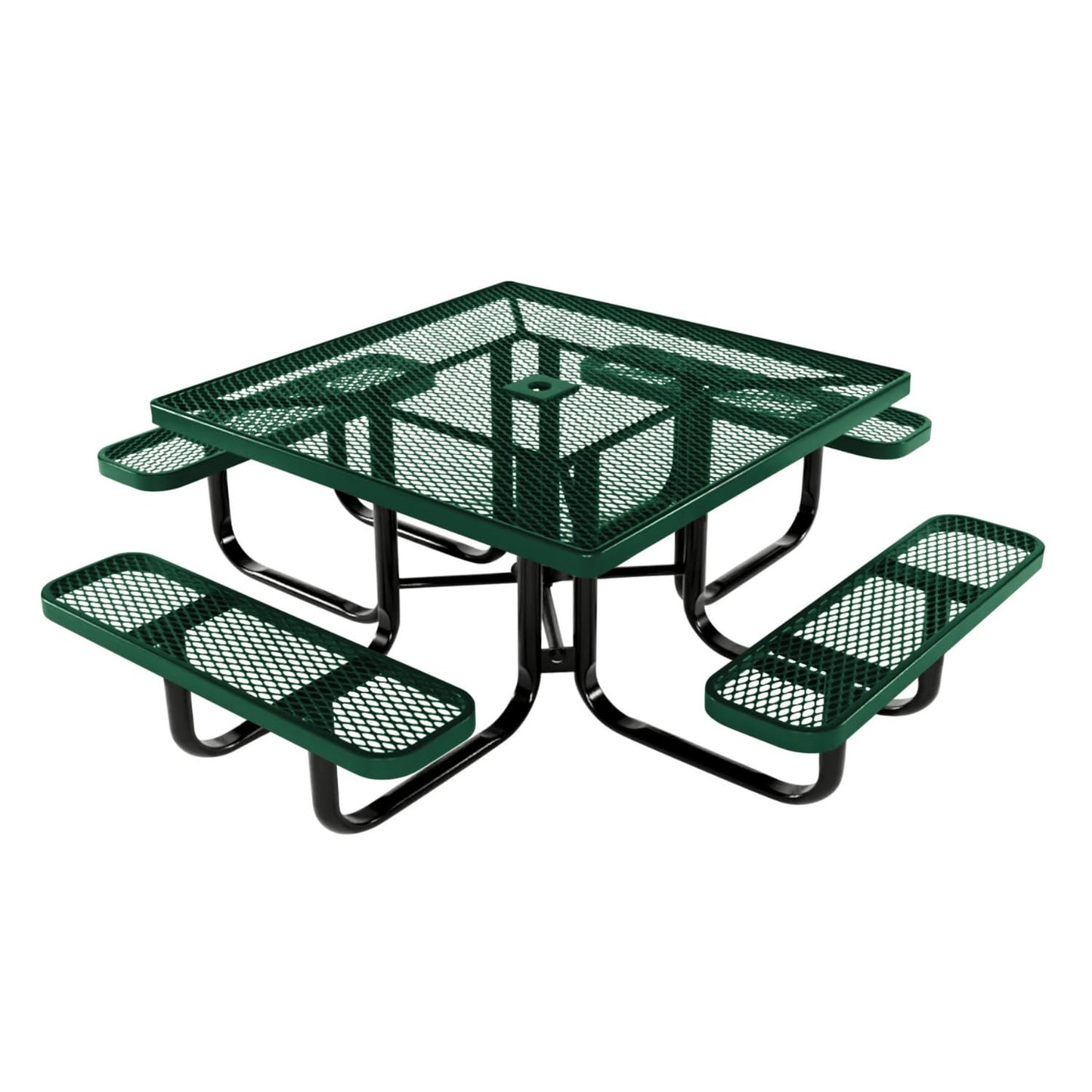 Coated Outdoor Furniture Heavy-Duty Portable Outdoor Picnic Table with Umbrella Hole, Expanded Metal Commercial-Grade Patio Dining Furniture Made in America (46" Square Top, Green)