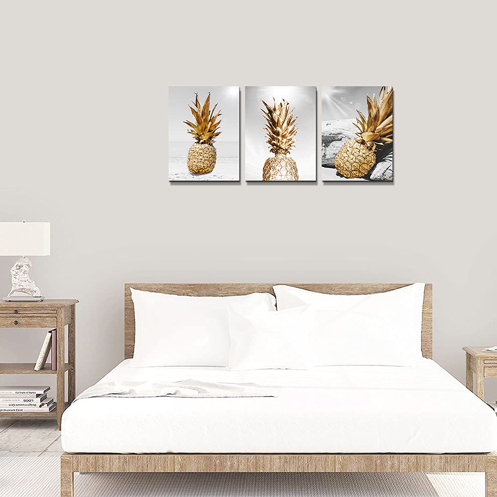 TTHYUEWS Canvas Wall Art for bar kitchen Living Room Office Bathroom home decoration Board Black and white Beach scenery golden Pineapple pictures Artwork restaurant Wall Decor Ready to Hang