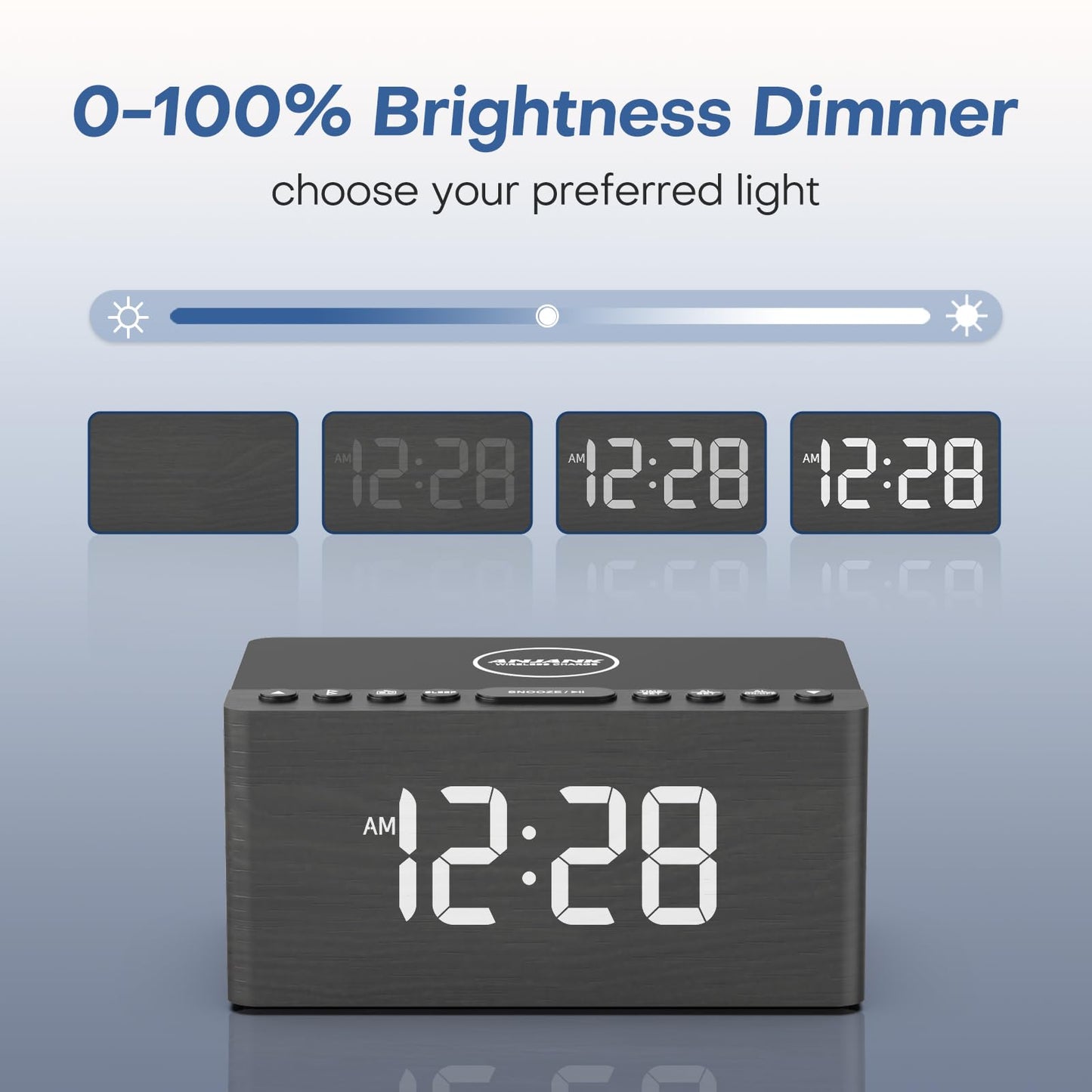 Digital Alarm Clock with FM Radio & Wireless Charging – Qi-Certified, LED Display, USB Port, Sleep Timer