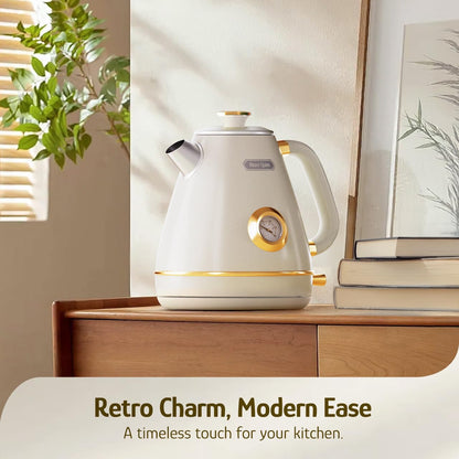 Hazel Quinn Retro Electric Kettle - 1.7 Liters / 57.5 Ounces Tea Kettle with Thermometer, All Stainless Steel, 1200 Watts Fast Boiling, BPA-free, Cordless, Automatic Shut Off.