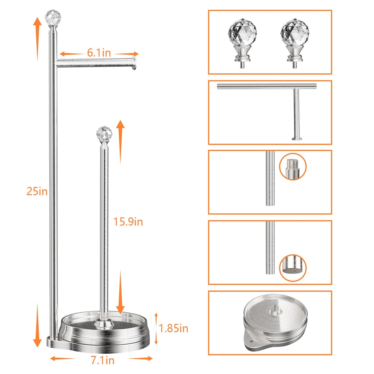 Weighted Freestanding Toilet Paper Holder – Metal Bathroom Stand with Crystal Accent