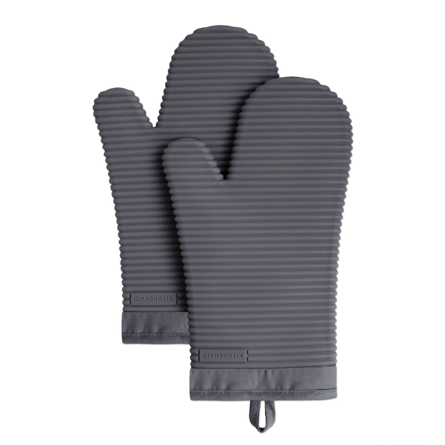 KITCHENAID Ribbed Soft Silicone Oven Mitt 2-Pack Set, Matte Black, 7.5"x13"