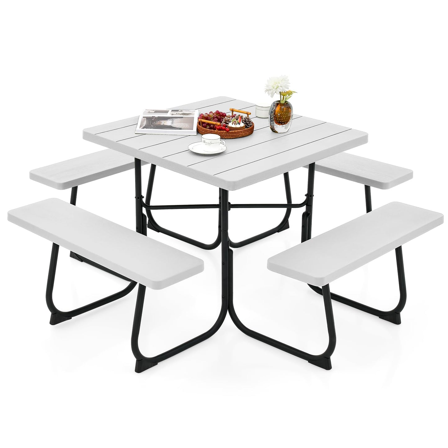 Giantex Picnic Table Set for 4-8 Persons, Outdoor Table and Bench Set with Umbrella Hole, HDPE Top & Metal Frame, 500LBS Capacity, Square Patio Table Bench Set for Deck Backyard Garden (White)