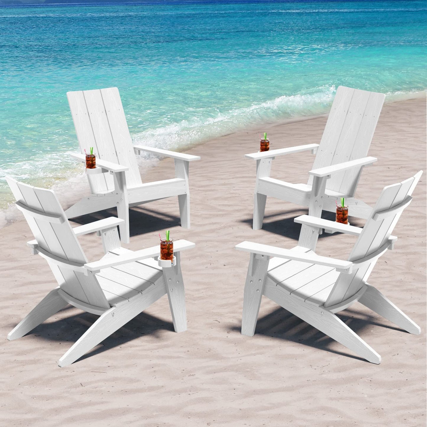 MXIMU Modern Adirondack Chairs Set of 4 Weather Resistant with Cup Holder Oversize Plastic Fire Pit Chairs Plastic Outdoor Chairs for Firepit Area Seating (Black)