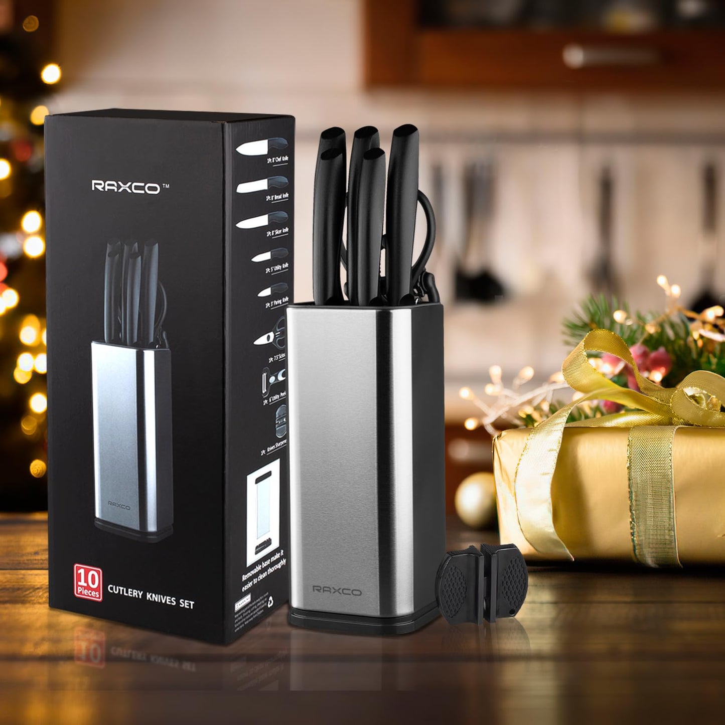 RAXCO Knife Set with Block,10-Piece Kitchen Knives Stainless Steel,Pro-Sharpened for Cooking,Slicing,Mincing,Dicing,Black