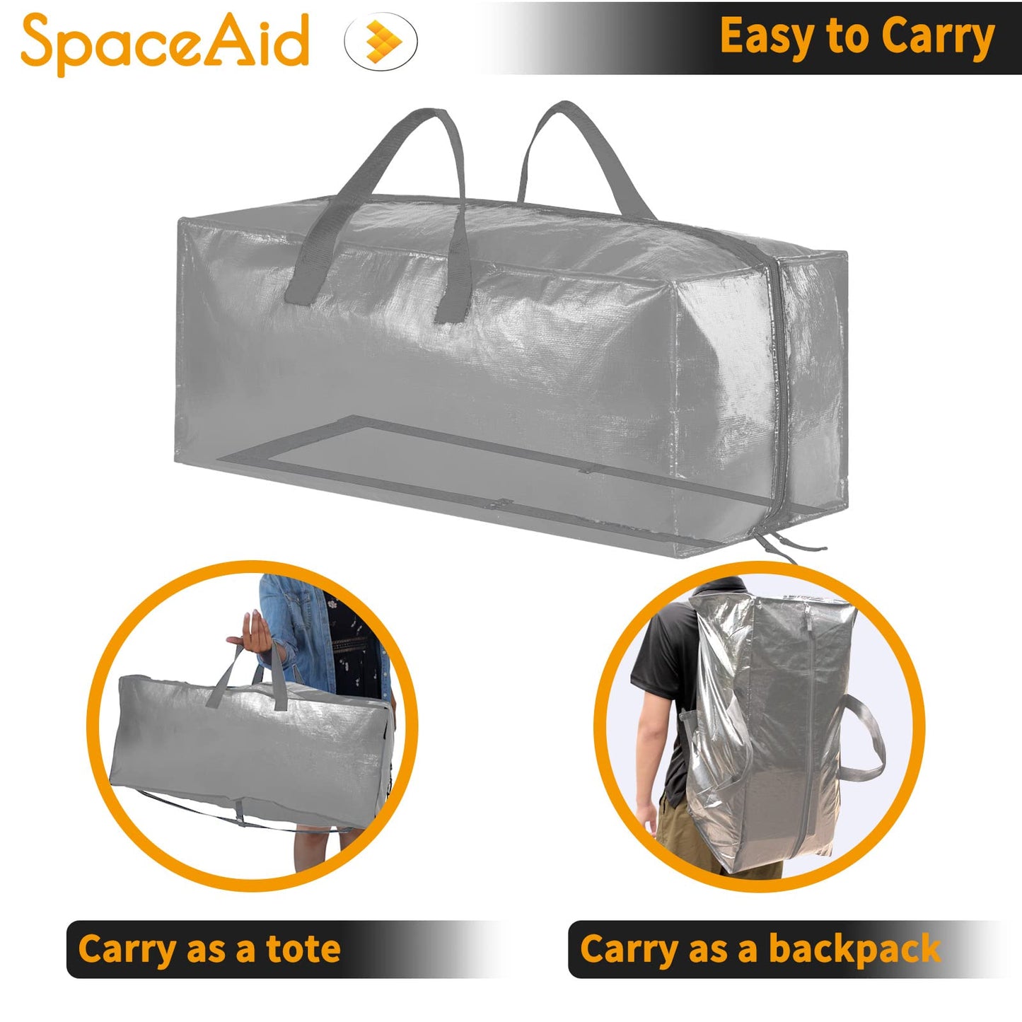 Sacs de déménagement robustes SpaceAid, sacs de rangement extra larges avec sangles de sac à dos, poignées et fermetures à glissière solides, alternative aux cartons de déménagement, fournitures d'emballage et de déménagement, noir (lot de 10) 