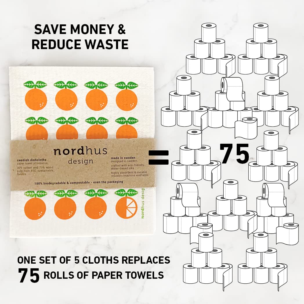 Nordhus Design Swedish Dishcloths for Kitchen, 10 Cloths, Made in Sweden - Reusable, Washable Cellulose Cotton Kitchen Cloths - Replace Paper Towels, Wipes, Sponges, Dish Rags