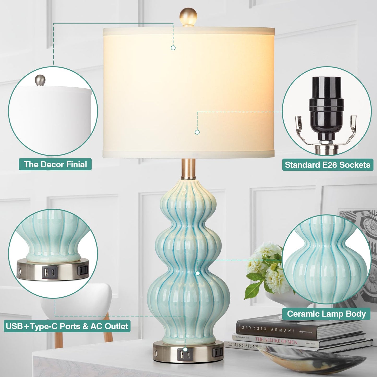 27-Zoll-Tischlampen aus Glas, 2er-Set mit Nachtlicht, moderne Nachttischlampen mit 3-Wege-Touch-Steuerung, USB-A+C-Anschlüssen und AC-Steckdose, gelbe Nachttischlampen im Boho-Stil für das Wohnzimmer im Schlafzimmer 