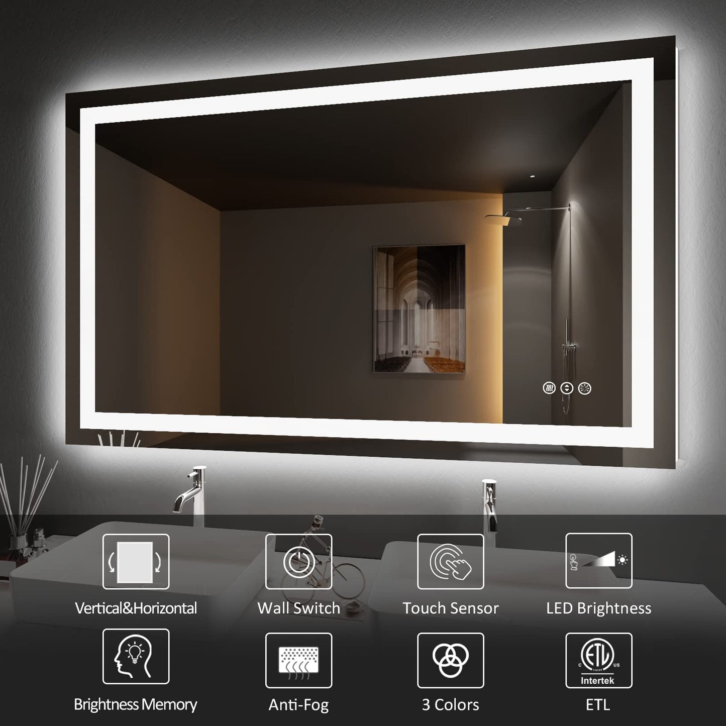 Amorho 20"x 28" LED Bathroom Mirror with Black Frame, Front Light and Backlit(Controlled Separately), Stepless Dimmable, Anti-Fog, Shatter-Proof, 3 Colors, Memory