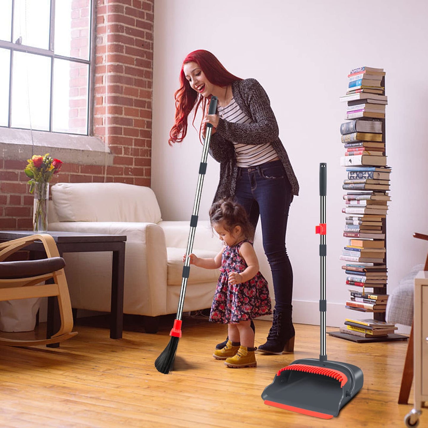 kelamayi Broom and Dustpan Set for Home, Stand Up Broom and Dustpan Combo for Office, Indoor&Outdoor Sweeping (Black&Red)