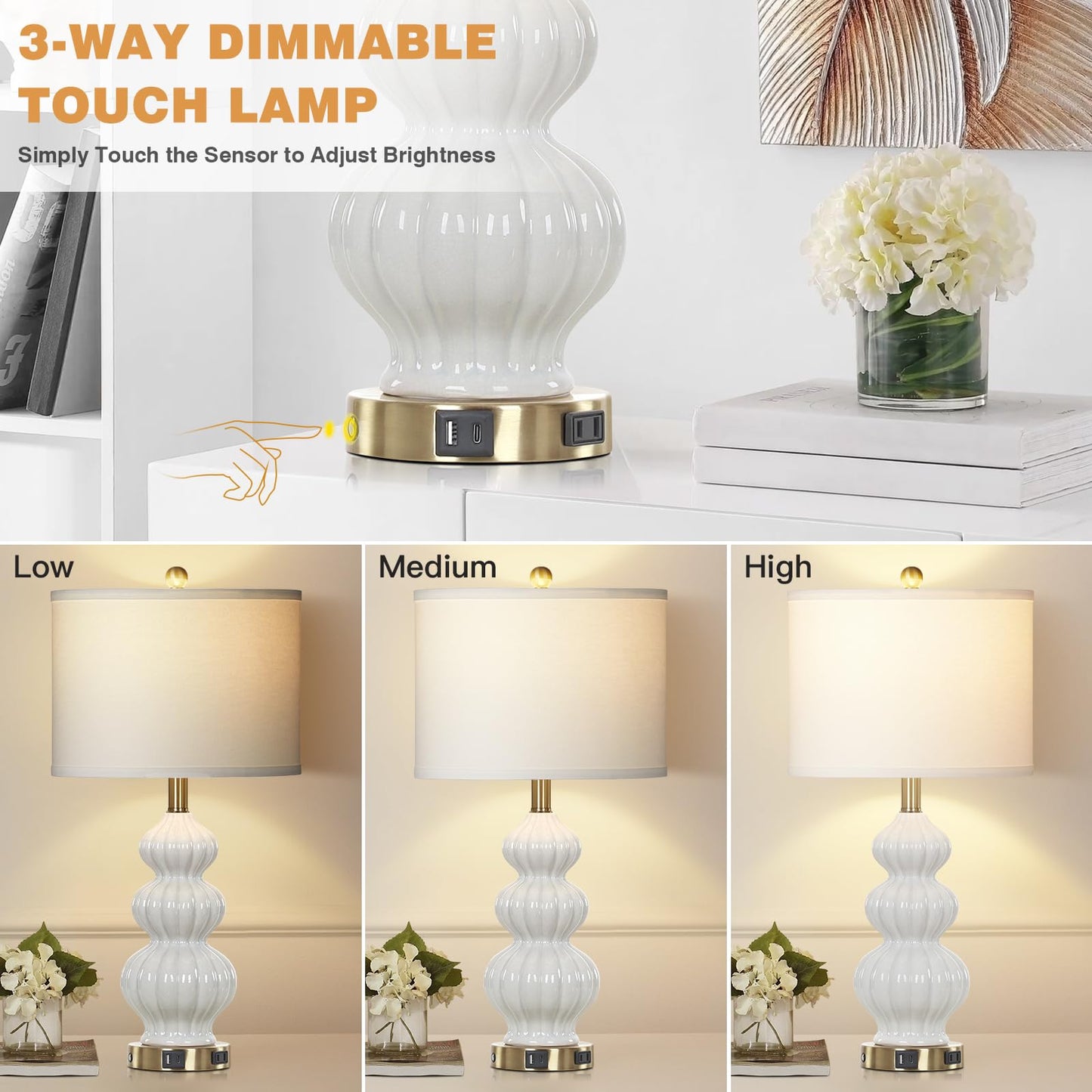 27" Glass Table Lamps Set of 2 with Nightlight, 3 Way Touch Control Modern Bedside Lamps with USB A+C Ports & AC Outlet, Boho Yellow Nightstand Lamps for Bedroom Living Room