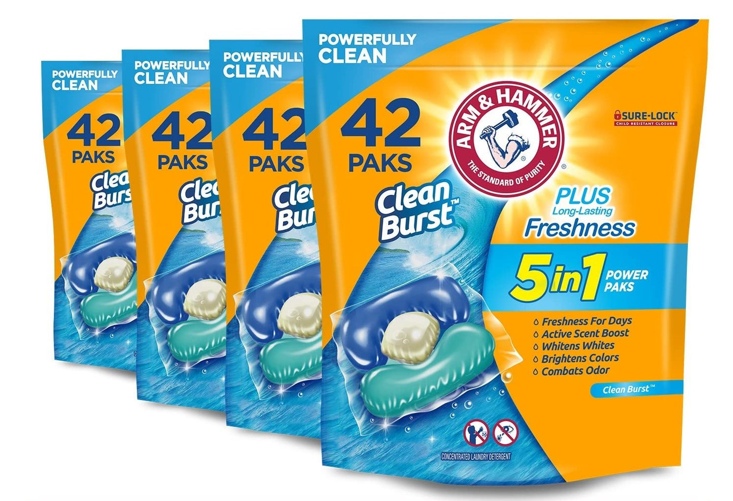 Arm & Hammer Clean Burst 5-in-1 Laundry Detergent Power Paks, High Efficieny (HE), 42 Count