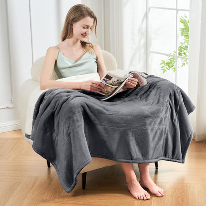 Luxe Heated Throw – 50x60 Ultra-Soft Sherpa & Flannel Electric Blanket (Gray)