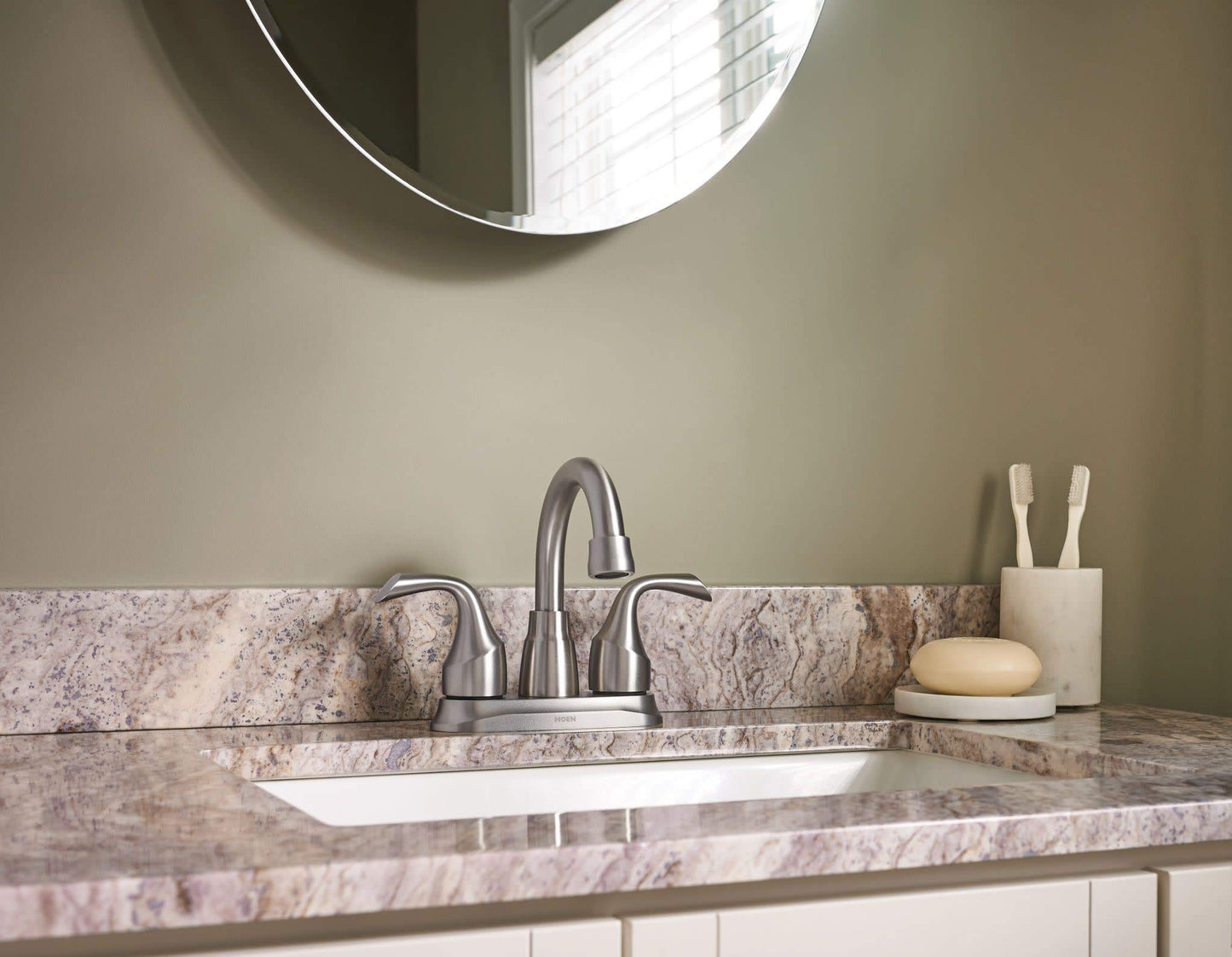 Moen Idora Chrome Two-Handle Centerset Bathroom Sink Faucet with Drain Assembly, 84115