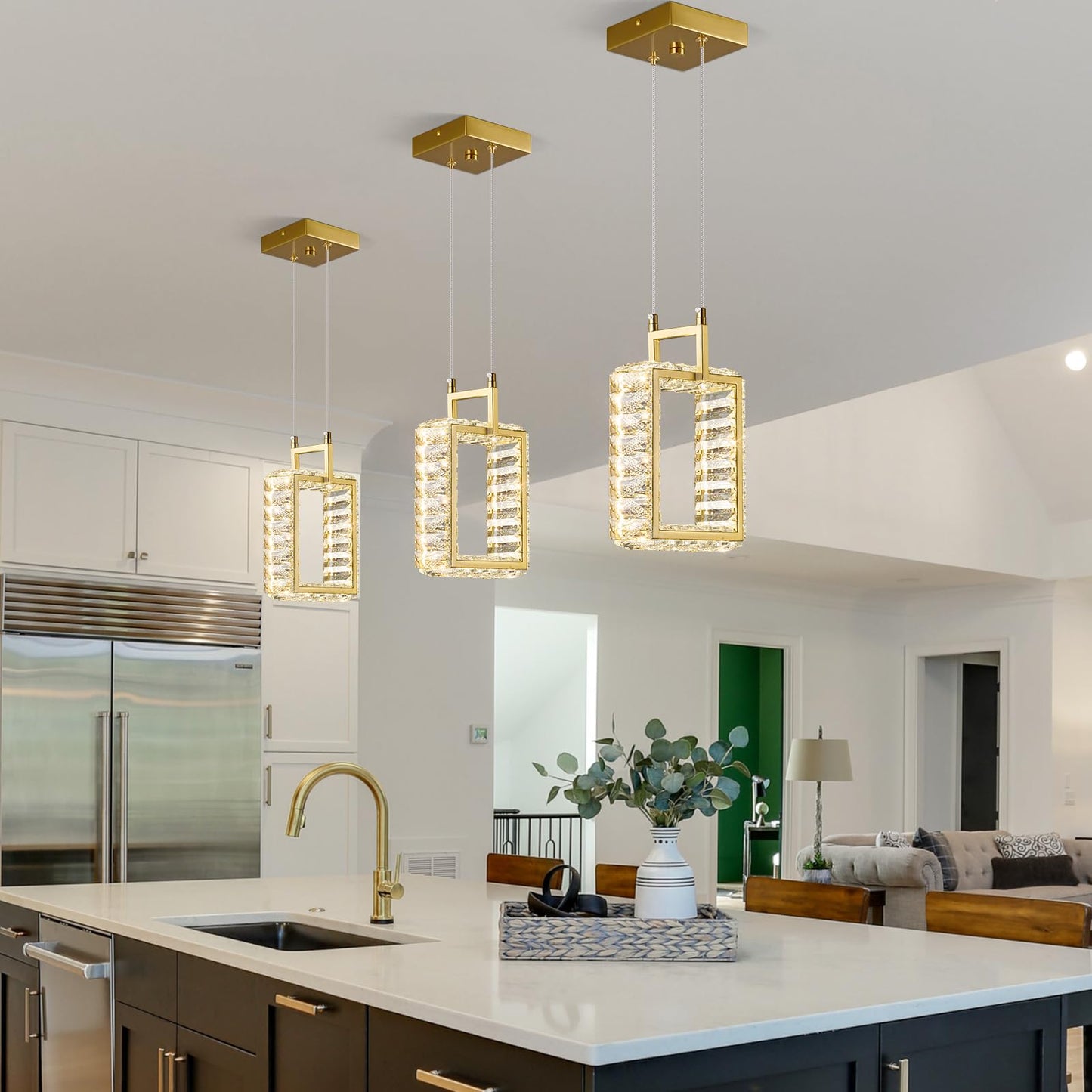 Kitchen Island Mini Light Fixture Modern Led Crystal Pendant Light Gold Rectangle Chandelier for Dining Room Living Room Kitchen Bedroom Bar（1-Pack）