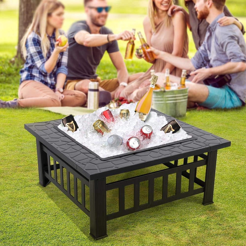 Yaheetech 32in Outdoor Firepit Square Table Backyard Patio Garden Stove Wood Burning Fire Pit with Spark Screen, Log Poker and Cover