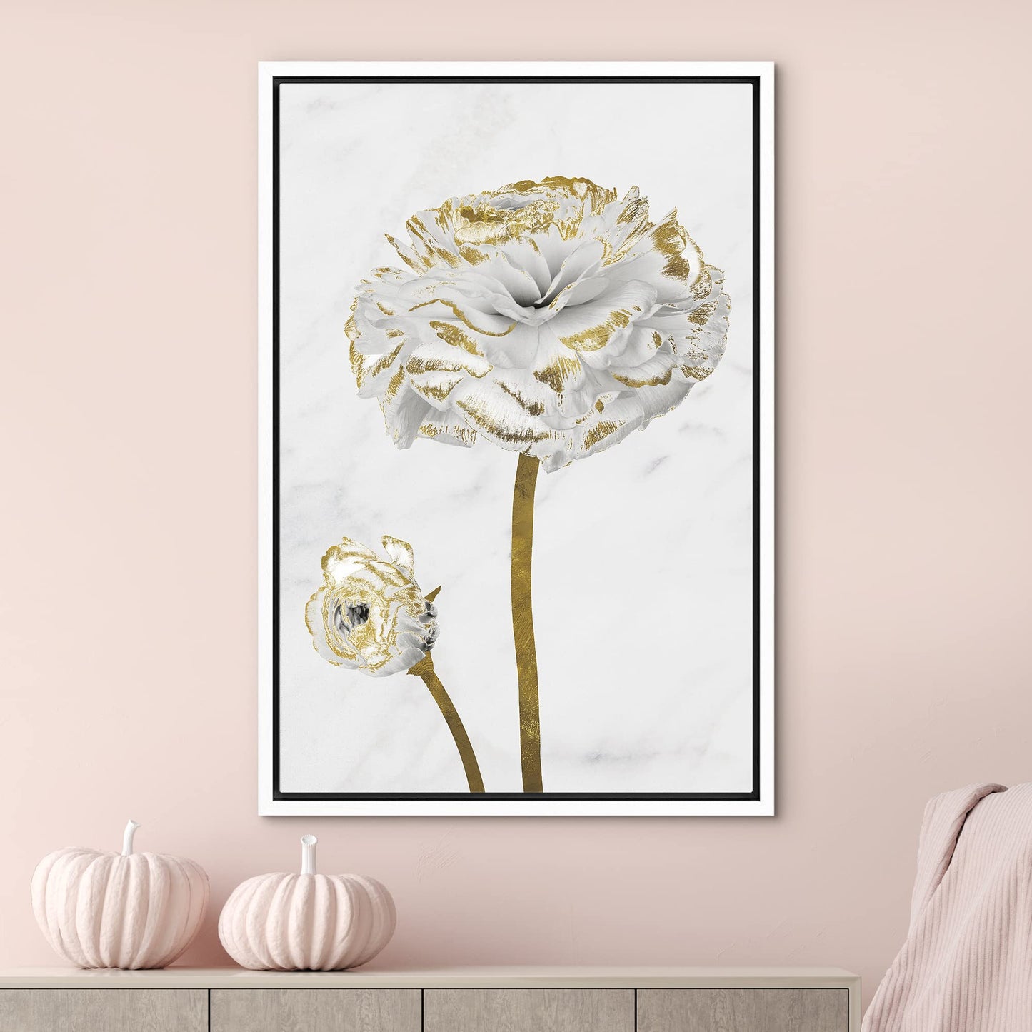 Canvas Print Wall Art White Gold Close Up Garden Carnation Flower Plant Nature Wilderness Illustrations Modern Art Farmhouse/Country Rustic Relax/Calm for Living Room, Bedroom, Office - 16"x24"