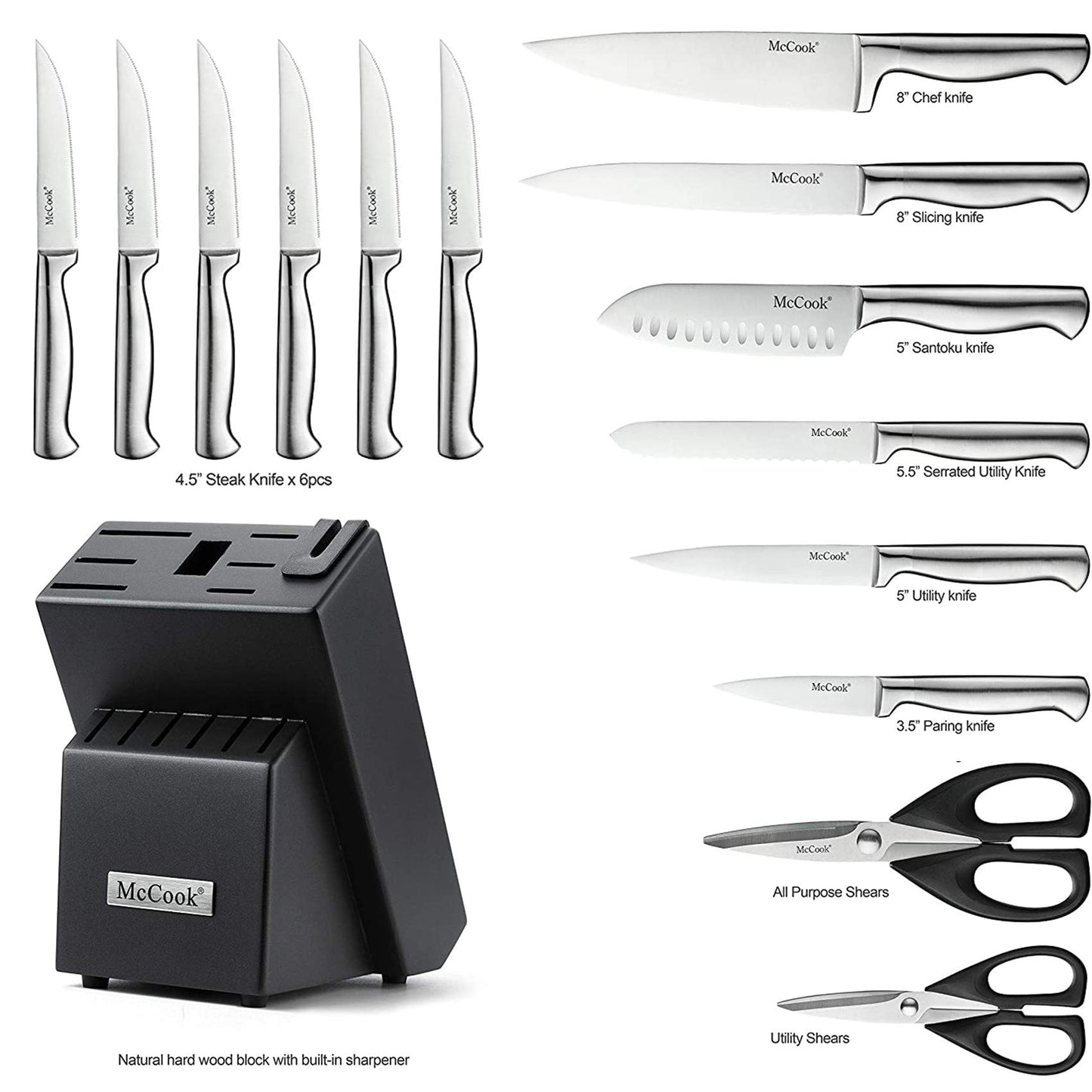 McCook® Knife Sets, Golden Titanium Stainless Steel Kitchen Knife Block Sets with Built-in Sharpener