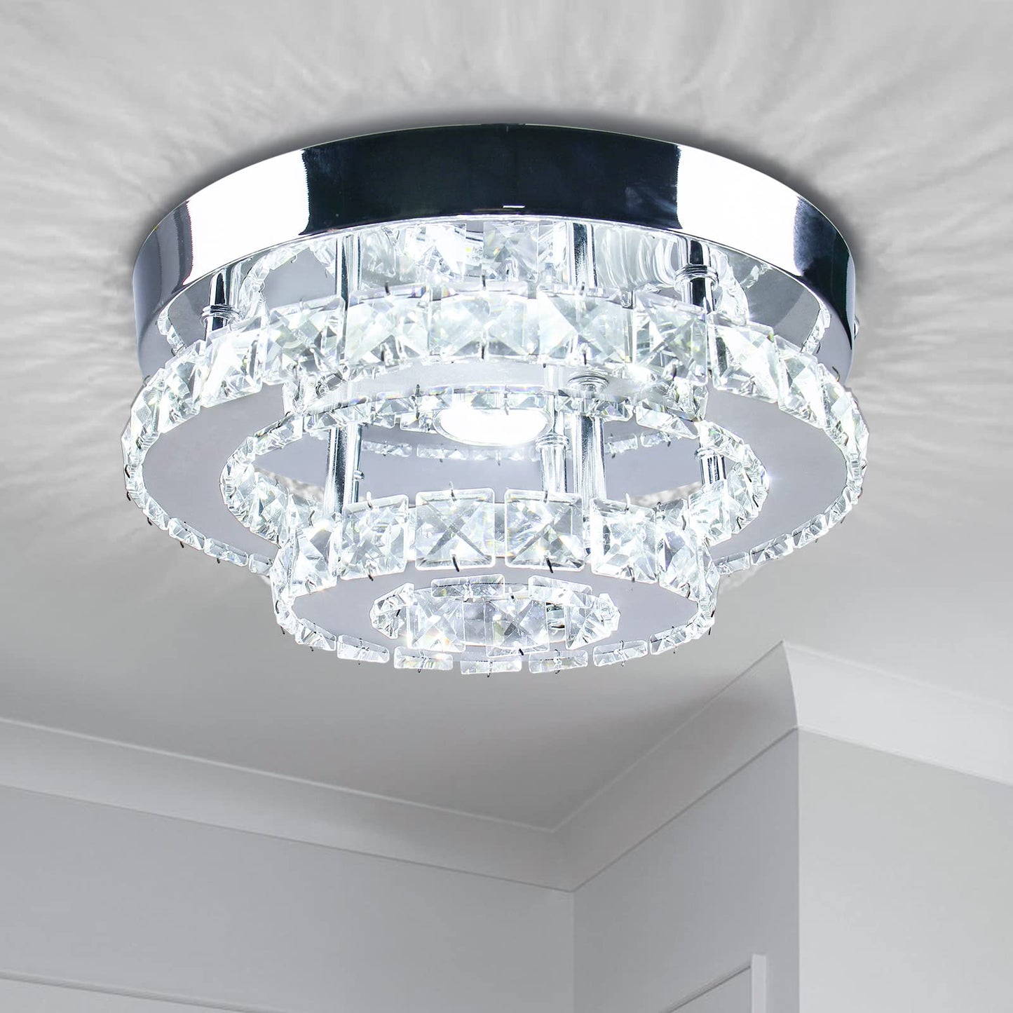 Dimmable Mini Crystal Chandeliers Modern Flush Mount Ceiling Light Fixture Round LED Crystal Chandelier Hallway Light Bedroom Bathroom Kitchen Office