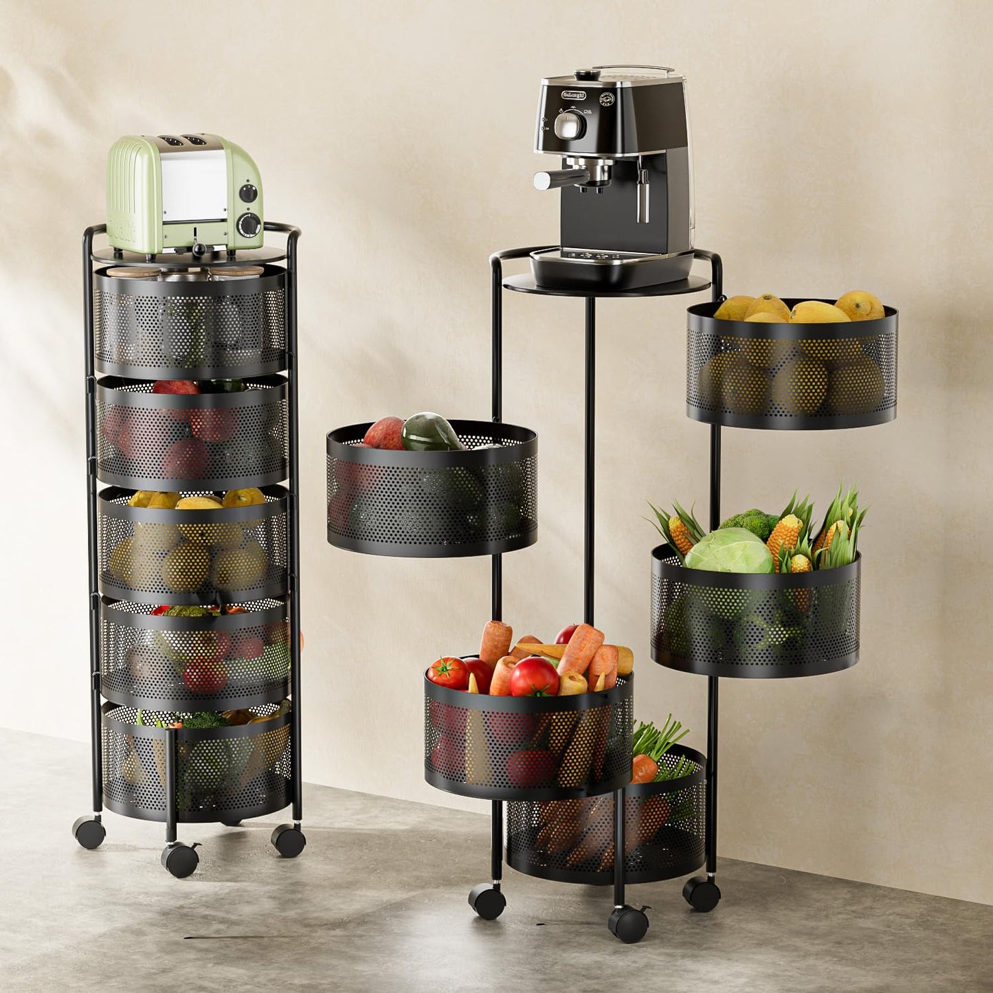 No Assembly Required Vegetable Storage Rack, 4-Tier Rotating Fruit Basket with Wheels, Heavy Duty Carbon Steel Kitchen Storage Cart
