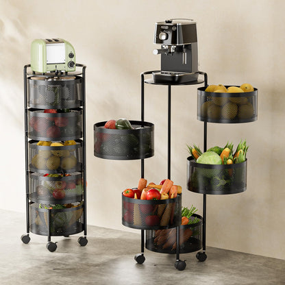 No Assembly Required Vegetable Storage Rack, 4-Tier Rotating Fruit Basket with Wheels, Heavy Duty Carbon Steel Kitchen Storage Cart