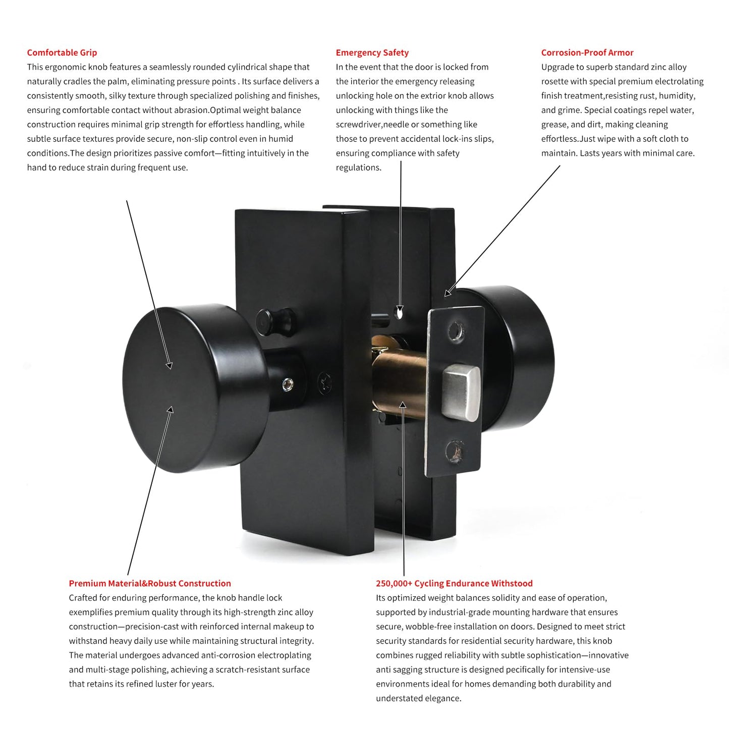 Privacy Door Knob with Reversible Keyless Push Lock, Modern Rectangular Long Plate Interior Door Lock