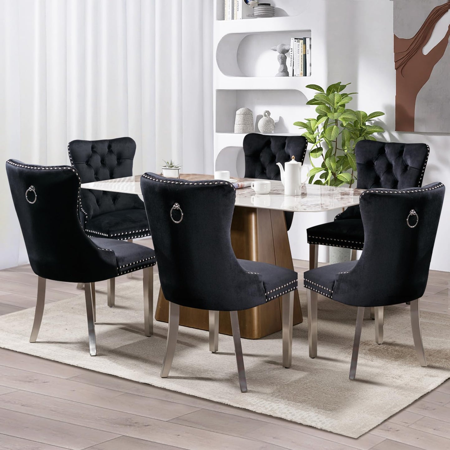 Lot de 8 chaises de salle à manger en cuir SoarFlash, chaise d'appoint à dossier haut, chaise d'appoint rembourrée moderne avec anneau de dossier à boutons, pieds en bois massif (noir et gris) 