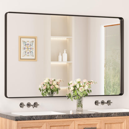Keonjinn Black Mirror for Bathroom Sink, 24 x 30 Inch Sandblasted Finish Aluminum Wall Mirrors, Matte Black Rectangle Farmhouse Mirror with Shatterproof HD Tempered Glass, Anti-Rust Metal Frame