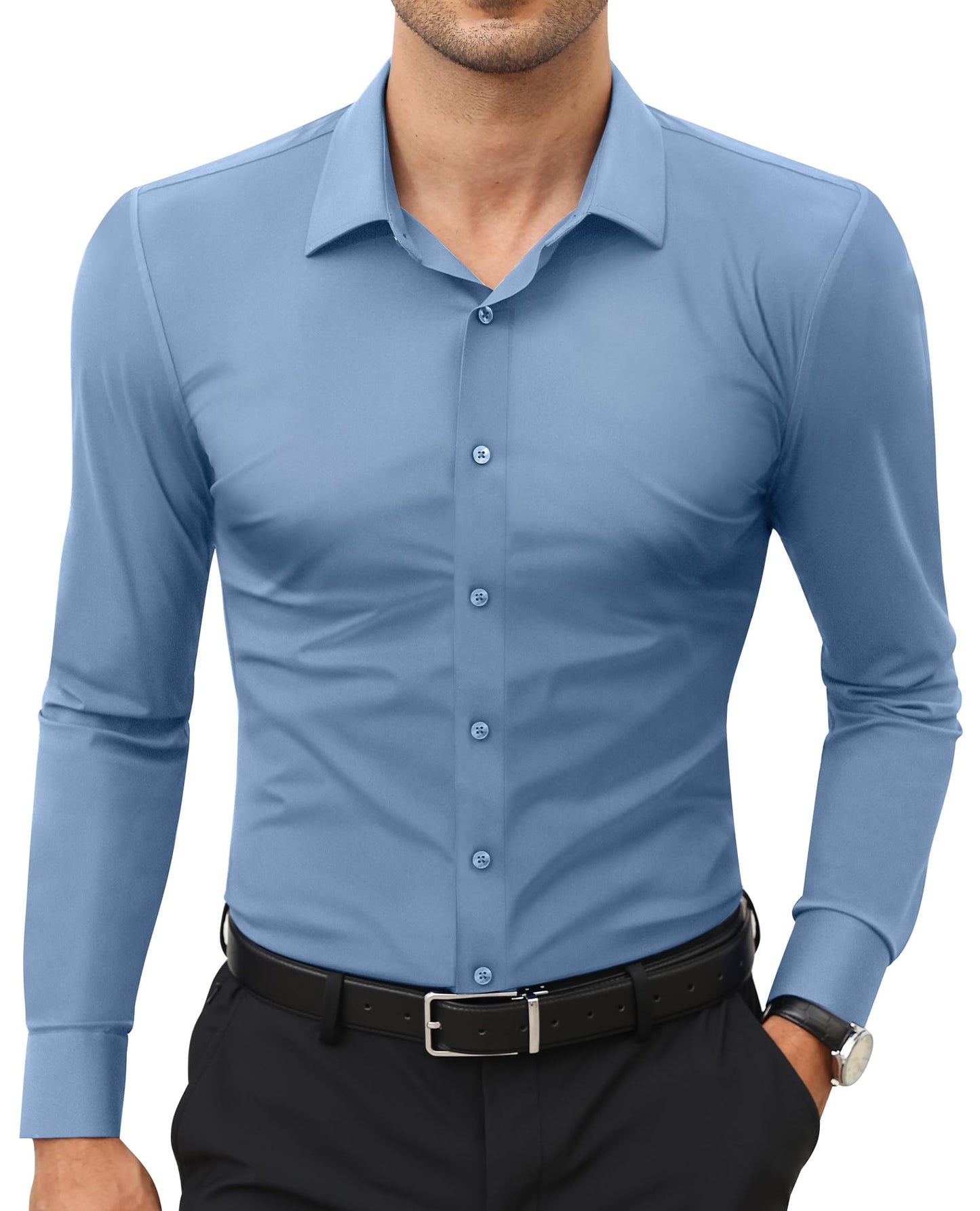 Stretch Mens Dress Shirts Long Sleeve Slim Fit Dress Shirts for Men Muscle Fit Wrinkle Free Button Down Shirt
