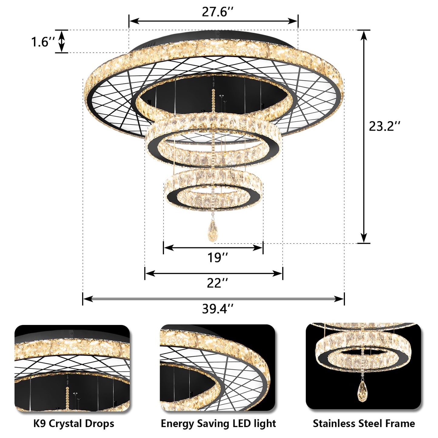 Modern Flush Ceiling Chandelier Bedroom Light Fixtures Crystal Flat Sloping Ceiling Lights for Hallway Kitchen Dining Room Dimmable Light with Remote Gold