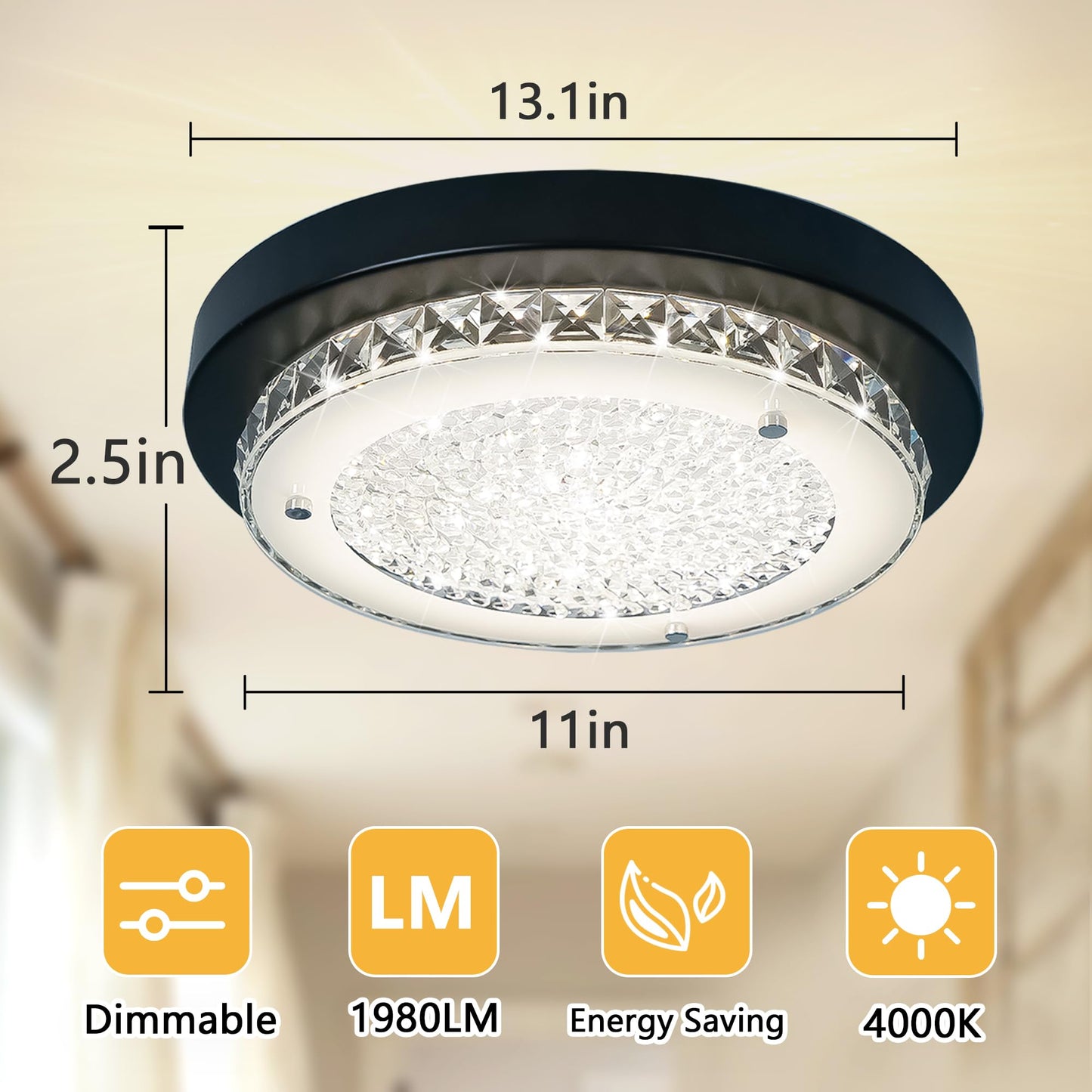 Black Crystal Flush Mount Ceiling Light – Modern Dimmable LED